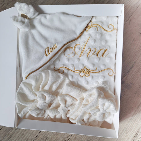 COFFRET: couverture minky x75cm + doudou minky nœud + un ensemble turban+bandeau+chaussons+moufles